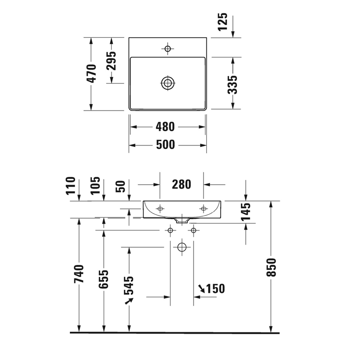 Duravit DuraSquare Раковина подвесная 50х47см, с отметками на 2 отв., без перелива, с покрытием WonderGliss, цвет: белый