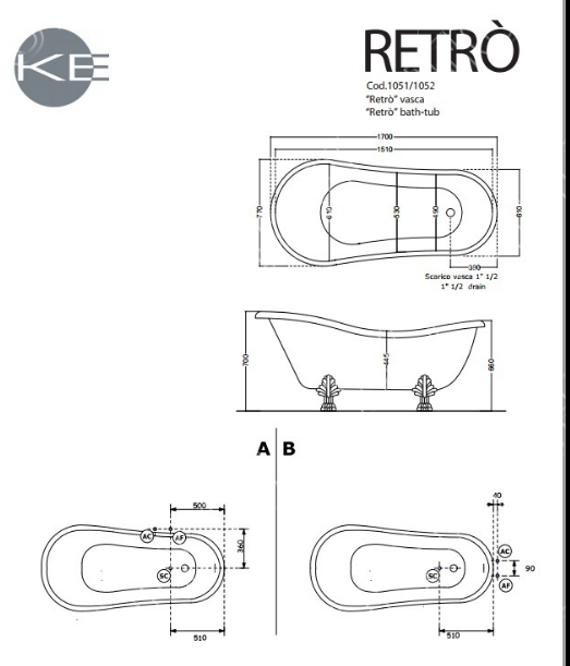 Kerasan Retro Ванна new отдельностоящая, 170х77см, глубина ванны 44,5см, цвет: белый, ножки золото