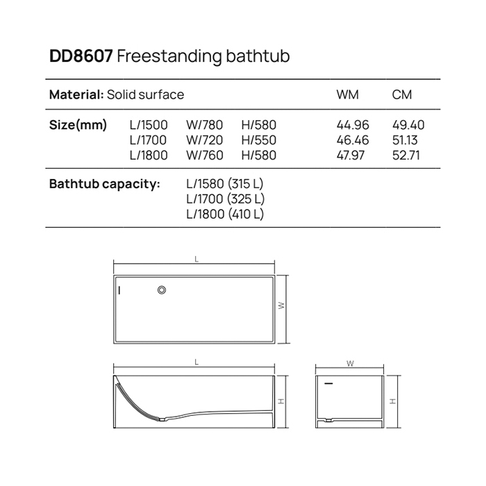 Dea Design Modern Ванна 170х72х55см., отдельностоящая, Solid Surface, цвет: White №18