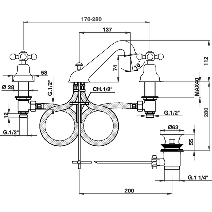 CISAL Arcana Ceramic Смеситель для раковины на 3 отверстия с донным клапаном, цвет: бронза