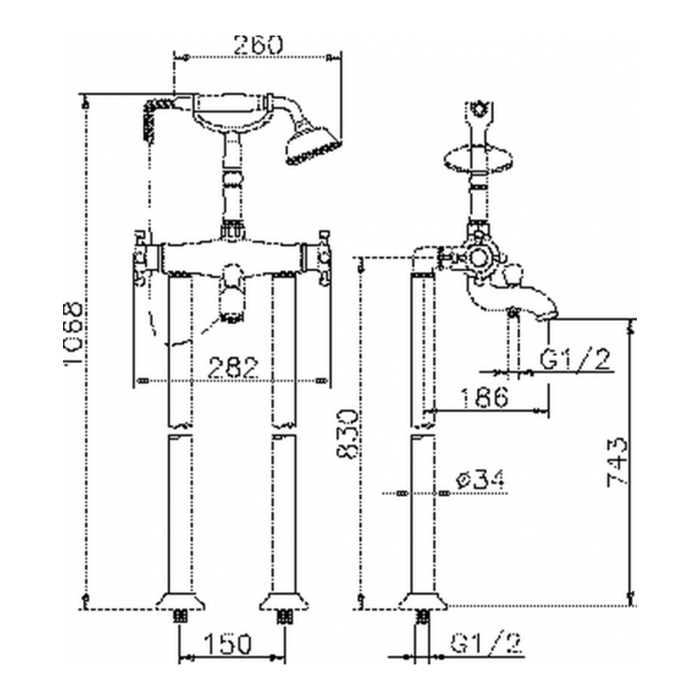 HUBER Victorian Смеситель для ванны, напольный, с ручным душе, цвет: никель матовый