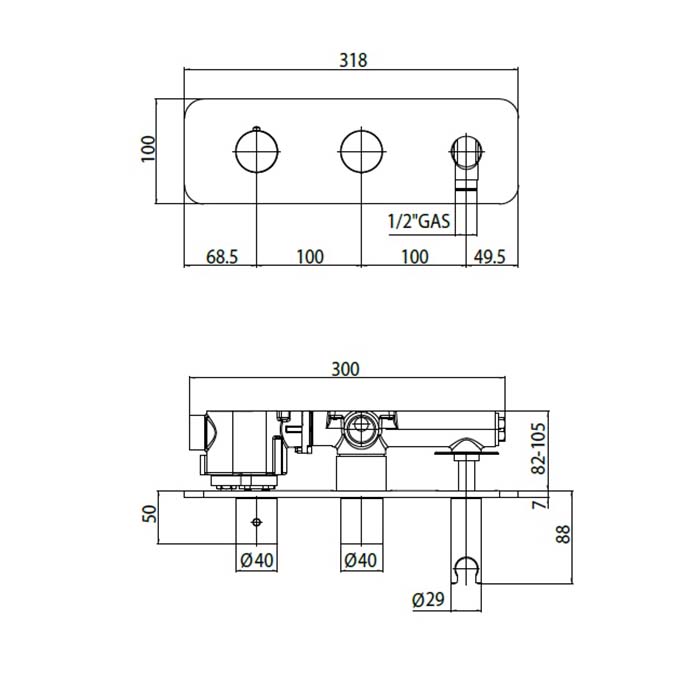 Bossini Oki Комплект: Термостат высокой пропускной способности с девиатором на 2 выхода и держателем с водорозеткой, подключение на 3/4”, цвет: хром
