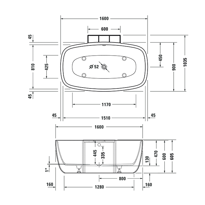 Duravit Aurena Ванна пристенная 160x103.5см., материал DuroCast Plus, сливной гарнитур, цвет: белый матовый