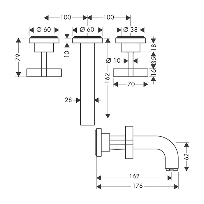 Axor Citterio Смеситель для раковины, встраиваемый, излив: 16.2см., цвет: полированное золото