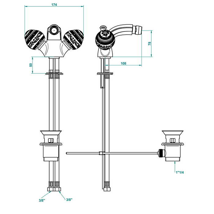 THG Marquise porcelaine noire Смеситель для биде, 1 отв., цвет: золото/черный фарфор