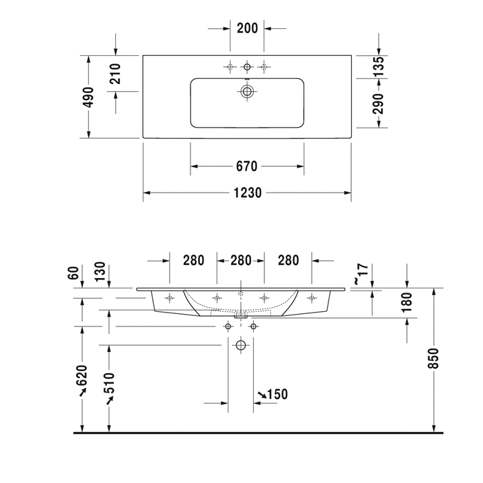 Duravit ME by Starck Раковина подвесная 123x49см., без отв., цвет: белый