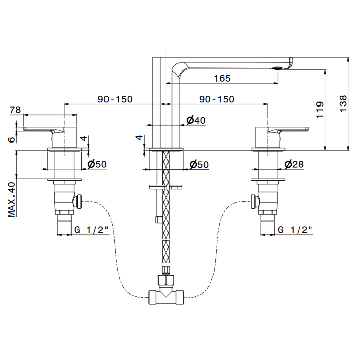 Newform Haka Смеситель для раковины, 3 отв., без донного клапана, цвет: PVD brushed stainless steel