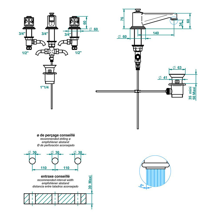 THG CAPUCINE MAUVE DECOR OR Смеситель для раковины на 3 отверстия, с донным клапаном, декор золото/лиловый, цвет: полированное золото