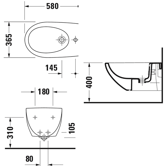 Duravit Architec Биде подвесное с перел., с плоскостью под смес.,вкл. крепление Durafix, 36х58см., цвет: белый