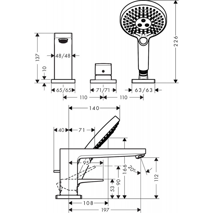 Hansgrohe Metropol Смеситель на борт ванны, на 3 отв., цвет: хром