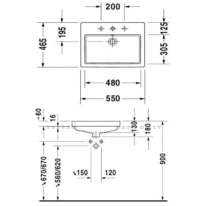 Duravit Vero Раковина 55x46.5см., встраиваемая, 1 отв., с переливом, цвет: белый