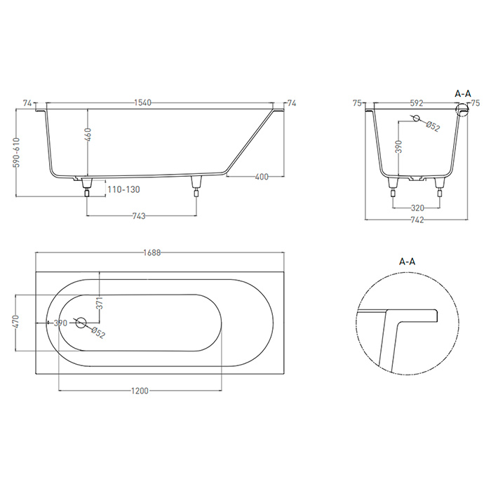 Salini Lofo Ванна 168.8х74.2х59см., встраиваемая, Solid Surface, без слив-перелива, с ножками, цвет: белый матовый