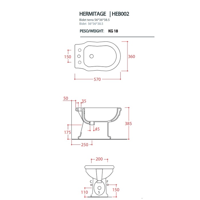 Artceram HERMITAGE биде напольное 55х36см с 1 отв под смеситель с креплением, цвет: черный