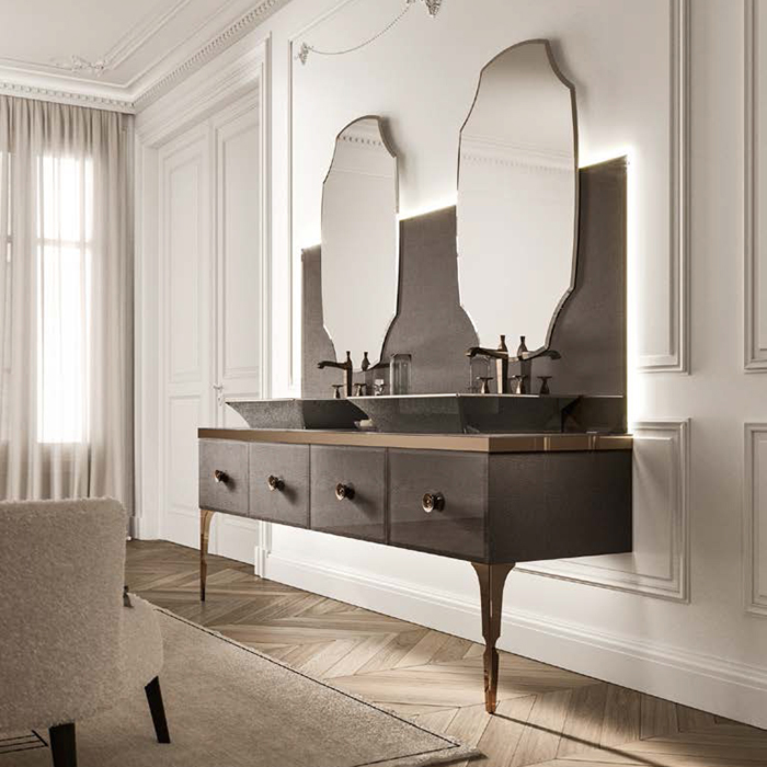 VITAGE milldue edition MAJESTIC 09 Комплект мебели 216х55х73см напольный, 2 раковины, 2 зеркала, с подсветкой, отделка: стекло elephant bronze, фурнитура: бронза