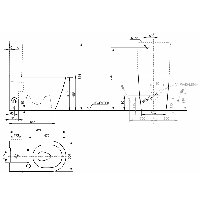 TOTO RP Унитаз моноблок 38x70x43см, безободковый, цвет: белый
