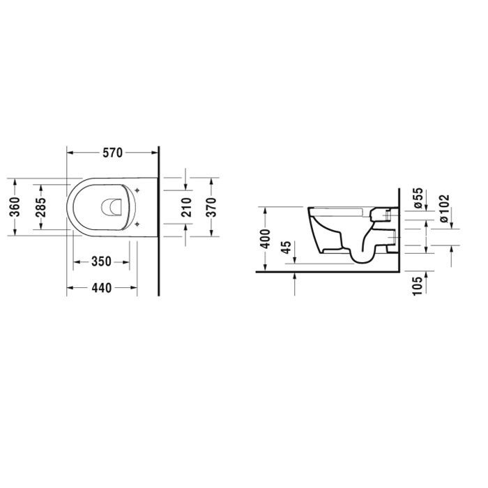 Duravit Me by Starck Унитаз 57х37см., подвесной, Rimless, с креплениями, цвет:белый