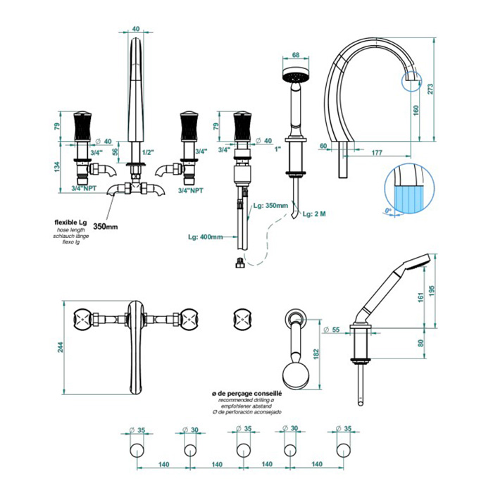 THG Infini white porcelain with platinum decor Смеситель на борт ванны на 5 отверстий, с прогрессивным смесителем для ручного душа, ручной душ, цвет: хром