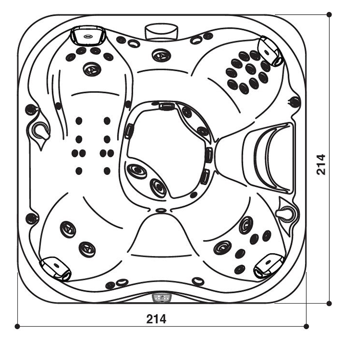 Jacuzzi J355 Минибассейн 214х214х94см, отдельностоящий, каскад, посветка, нагреватель, массажный подголовник, панель Brushed gray, цвет акрила: Platinum