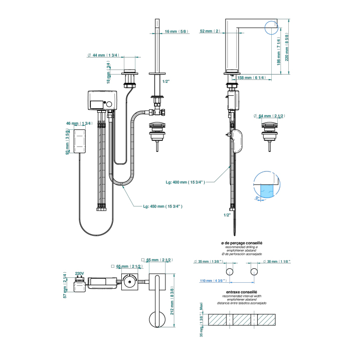 THG ICON-X TITANE A MANETTES Смеситель для раковины, 2 отв., электронный, с донным клапаном, цвет: хром    