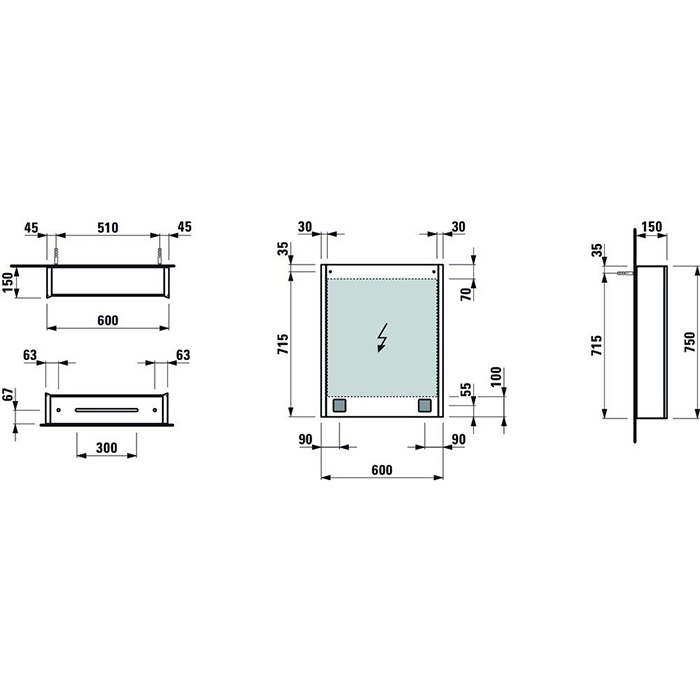 Laufen Frame 25 шкаф зеркальный 60x15x75cм., алюминий, 1 дверца с зеркалом с 2х сторон, DX, сенс. выкл., 2 розетки, 2 верт-х эл-та LED-подсветки (регул-ая яркость), с окружающим освещением (внизу)