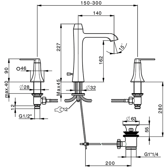 CISAL Cherie Смеситель для раковины на 3 отверстия с донным клапаном, цвет: золото розовое
