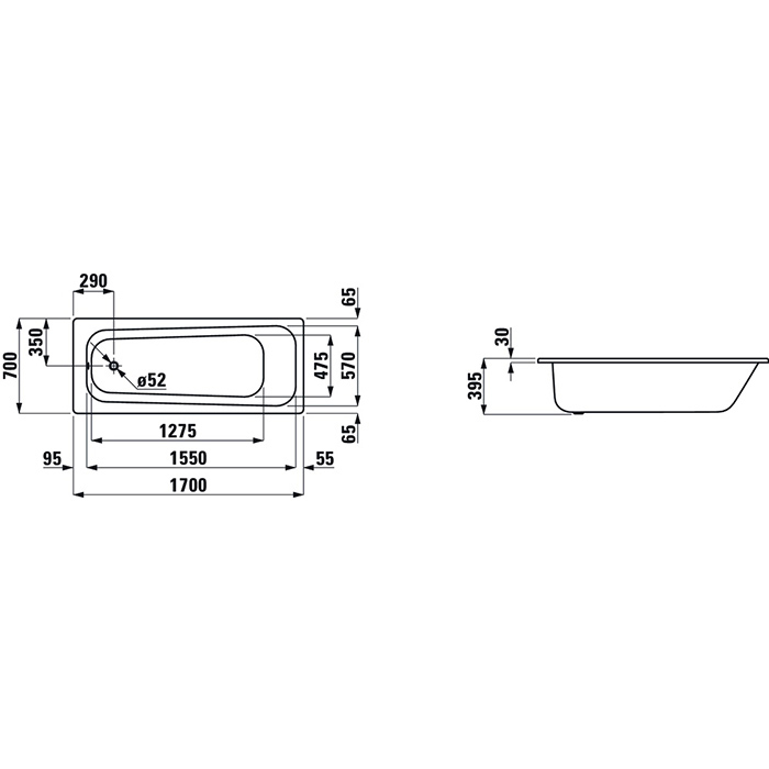 Laufen Pro Ванна встраиваемая, 170x70см., эмалированная сталь (3,5 мм), шумоизоляционное покрытие, без отверстий для ручек, цвет: белый