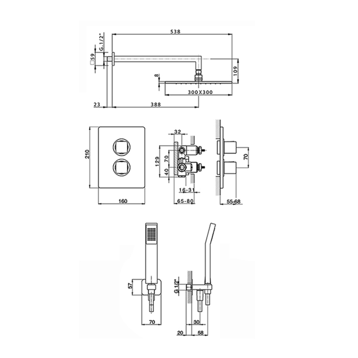 Cisal Cubic Душевой комплект: Смеситель для душа, верхний душ 30х30см., ручной душ с держателем и подводом воды, цвет: хром