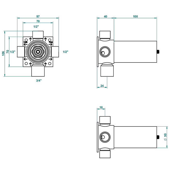 THG Wall mounted 4-way diverter with ceramic cartridge for concealed installation- 1 inlet 3/4" and 3 outlets 1/2" with stop position, without trim