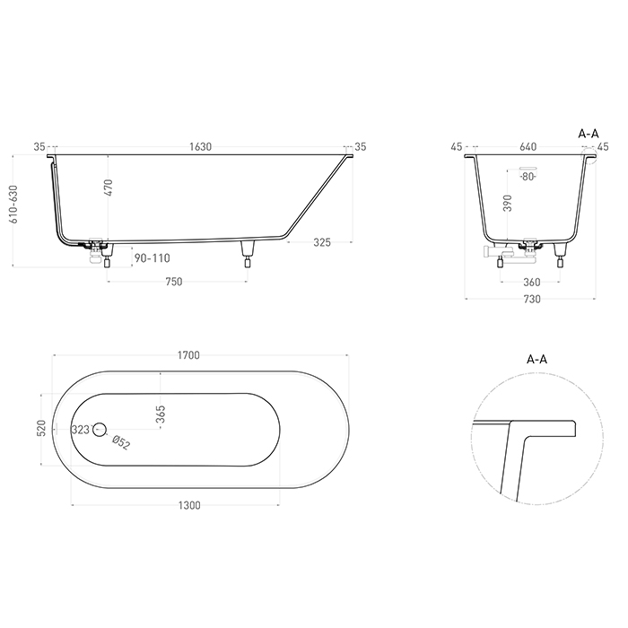 Salini Ornella KIT Встраиваемая ванна 170х80х60см, овальная, материал: S-Sense, цвет: глянцевый белый