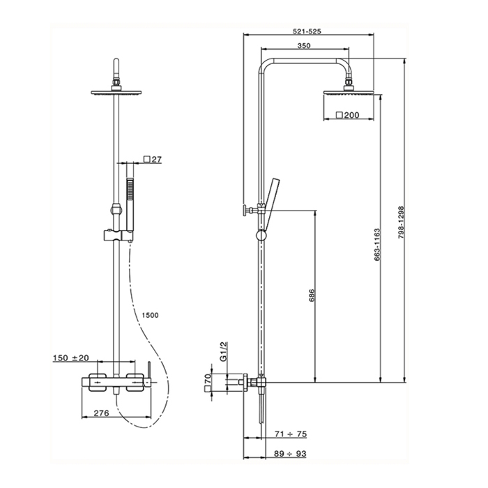 Cisal Roadster Настенная душевая система:смеситель для душа,верхний душ 200х200мм, ручной душ с держателем и шлангом, цвет: хром