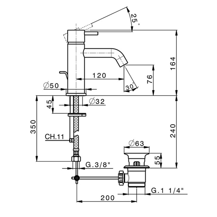 Cisal Less New Смеситель для раковины, на 1 отв, с донным клапаном, цвет: золото брашированное