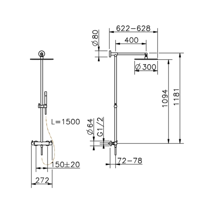 Cisal Less New Настенная душевая система: смеситель для душа, термостатический, верхний душ, ручной душ с держателем и шлангом, цвет: Nichel  Spazzolato