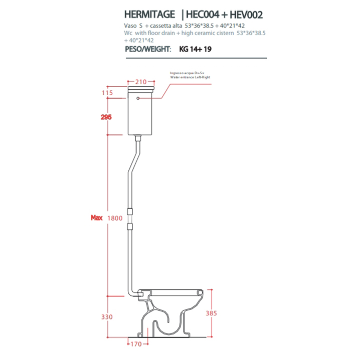 Artceram HERMITAGE Унитаз приставной слив в пол, 36х55см, с крепежом в комплекте, цвет белый с бачком с высокой трубой, цвет: золото