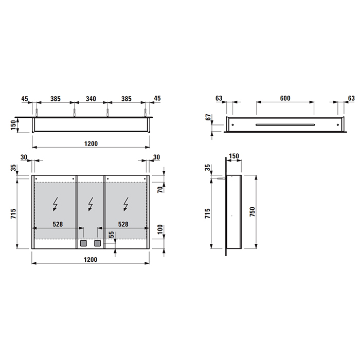 Laufen Frame 25 Зеркальный шкаф 120х15х75см., 3 двери, LED подсветка, подсветка снизу, сенсорный выключатель, 2 розетки