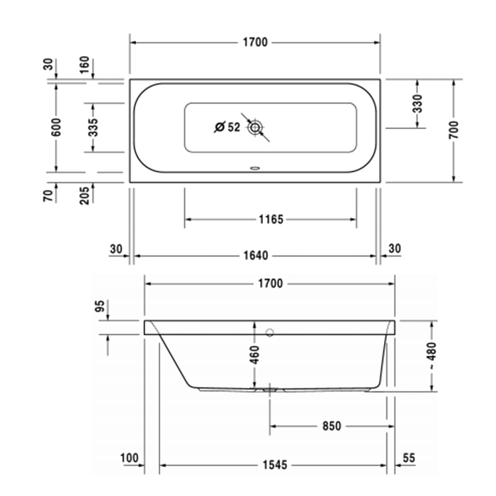 Duravit Happy D.2 Ванна акриловая 170х70x46см, прямоугольная .встраиваемая версия , с наклоном для спины слева, цвет: белый