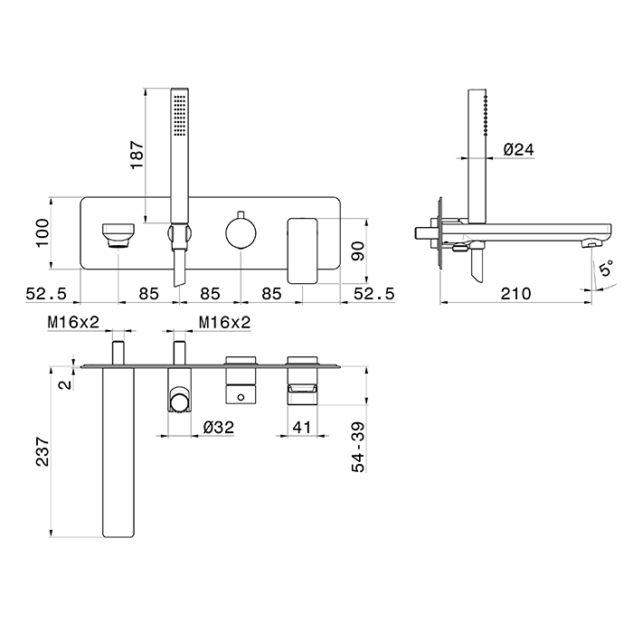 Newform B-Easy Смеситель для ванны, встраиваемый, с изливом и ручным душем, внешняя часть, цвет: хром