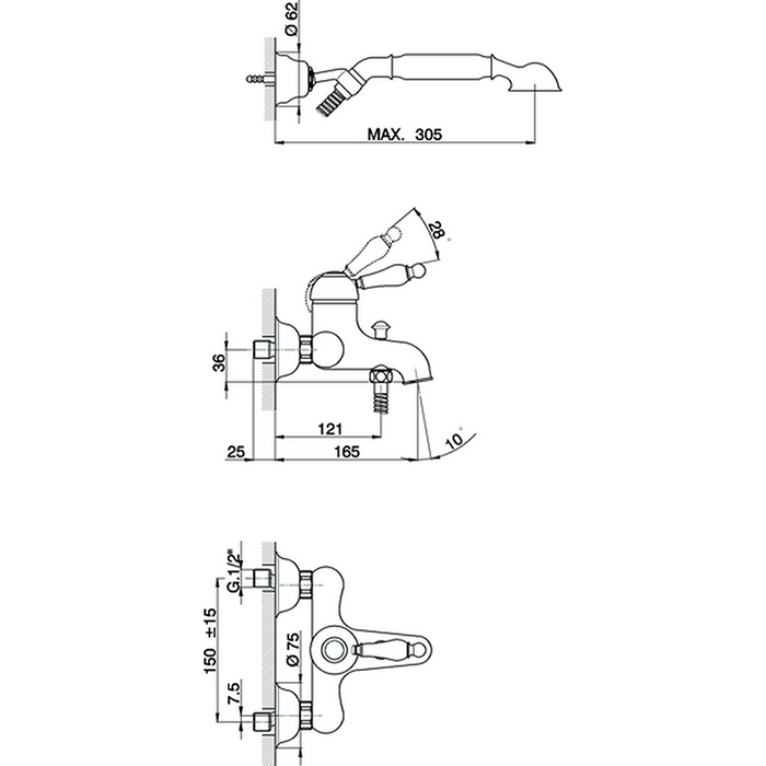 CISAL Arcana Empress Смеситель настенный для ванны/душа с ручной лейкой,держателем и шлангом, цвет: золото 