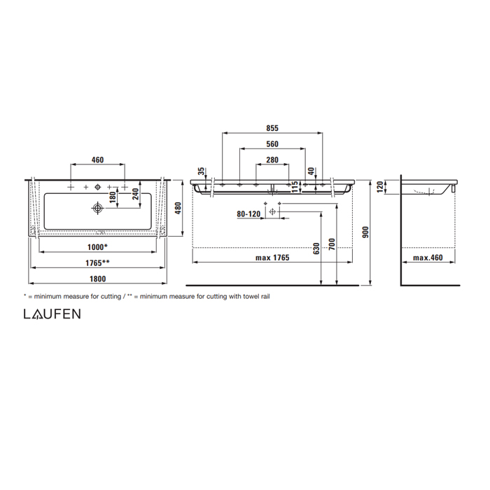 Laufen Living Square Раковина  180x48см, с 1 отв., цвет: белый