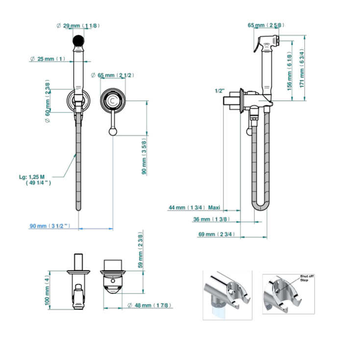 THG Naiade Гигиенический душ в комплекте с встраиваемым однорычажным смесителем, шланг 125cм., держатель с подводом воды, внешняя часть, цвет: хром