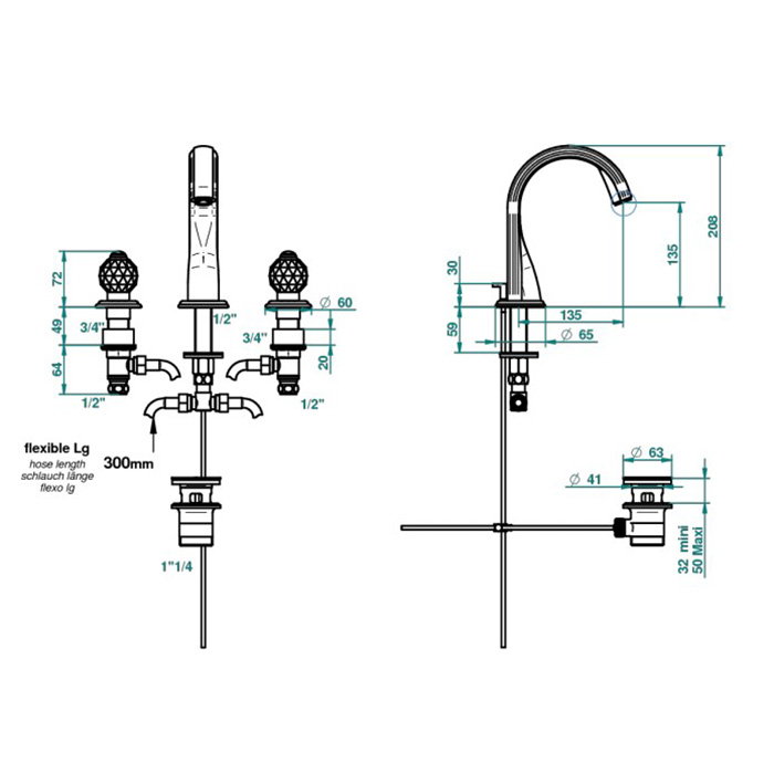 THG Mandarine Cristallia Diamant Смеситель для раковины на 3 отверстия, с донным клапаном, цвет: полированное золото