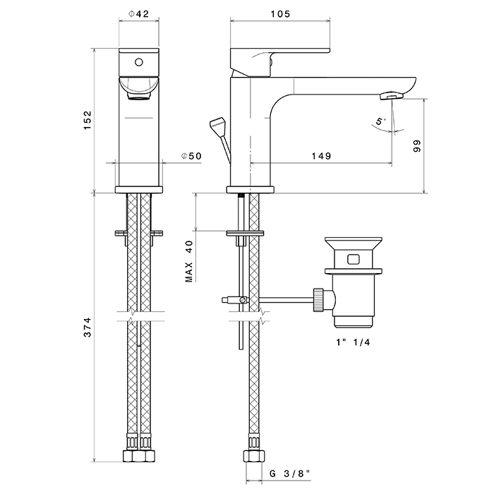 Newform Extro Смеситель для раковины, 1 отв., с донным клапаном, длинный излив, цвет: хром