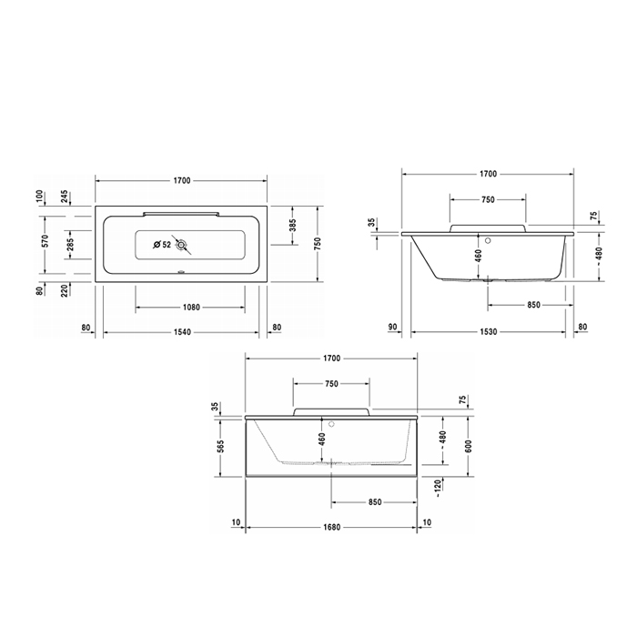 Duravit DuraStyle Ванна 170х75x46см,, прямоугольная, встраиваемая или версия  с панелями и ножками, с наклоном для спины слева, цвет: белый