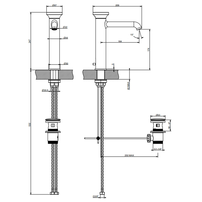 Gessi  Origini Смеситель для раковины, на 1 отв., излив 20.9см, цвет: Finox Br. Nickel