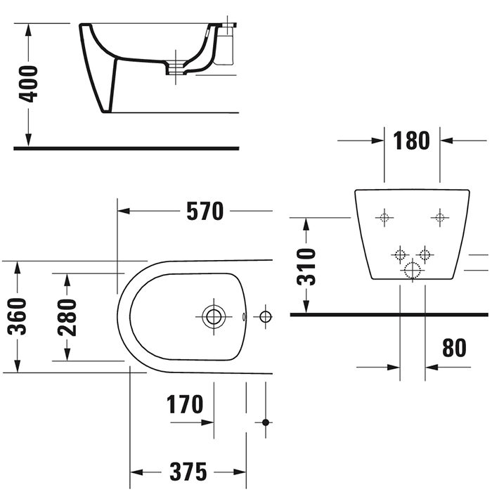 Duravit Me by Starck Биде подвесное 57х37см., с 1 отв. под смеситель, с креплением, цвет: белый