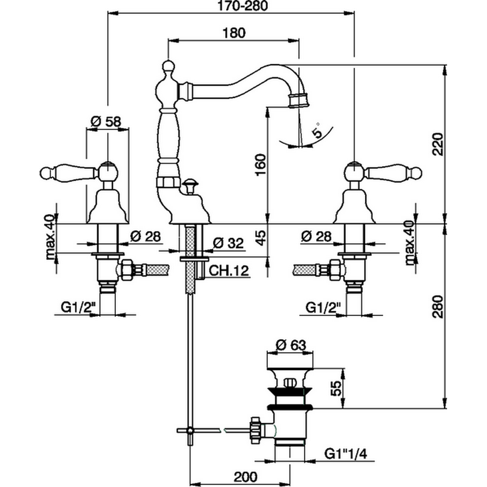 CISAL Arcana Toscana Смеситель для раковины на 3 отверстия с донным клапаном, цвет: бронза