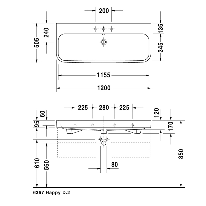 Duravit Happy D.2 Раковина 120x50.5 см, 3 отв., с переливом, цвет: белый