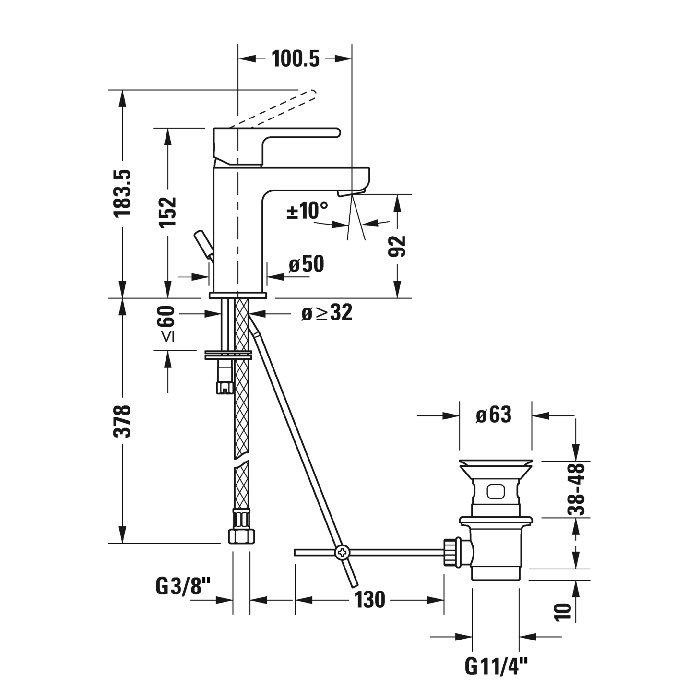 Duravit B.2 Смеситель для раковины, 1 отв., с донным клапаном, излив 139мм, цвет: хром