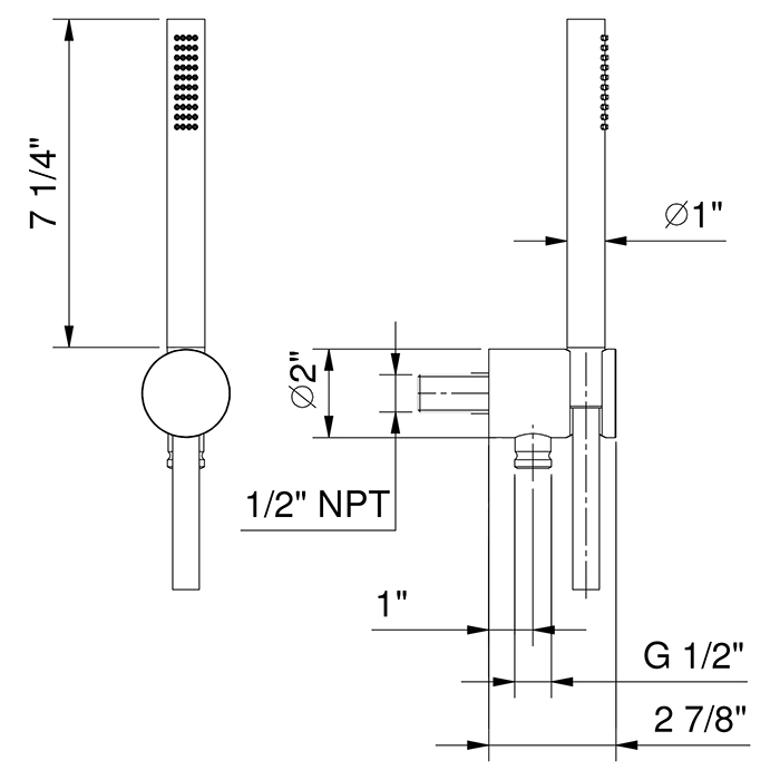 Fantini AF/21 Душевой набор: вывод воды на 1/2”, шланг 150 см, ручная лейка FIT, держатель для лейки, цвет: матовая натуральная сталь