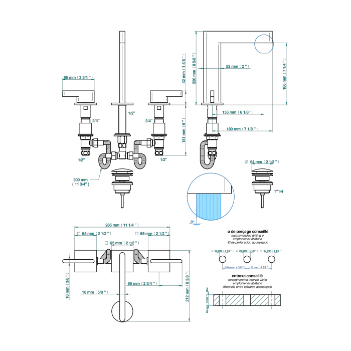 THG ICON-X METAL À MANETTES Смеситель для раковины, 3 отв., с донным клапаном, цвет: полированное золото