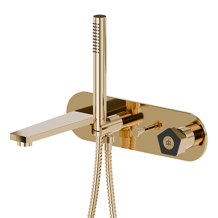Newform ParkLE Смеситель для ванны, настенный, с ручным душем, цвет: PVD glossy gold/черный матовый